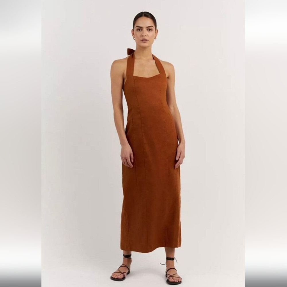 Dissh Willow 100% Linen Halter Maxi Dress In Tobacco Brown